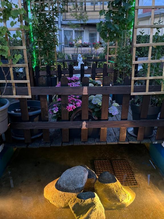 Der Garten des Restaurants Kreta, vor einem braunem Zaun ist ein gelb beleuchtetes Becken.